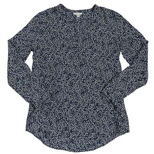 Garnet Hill Blue & White Pattern Silk Long Sleeve Blouse Medium